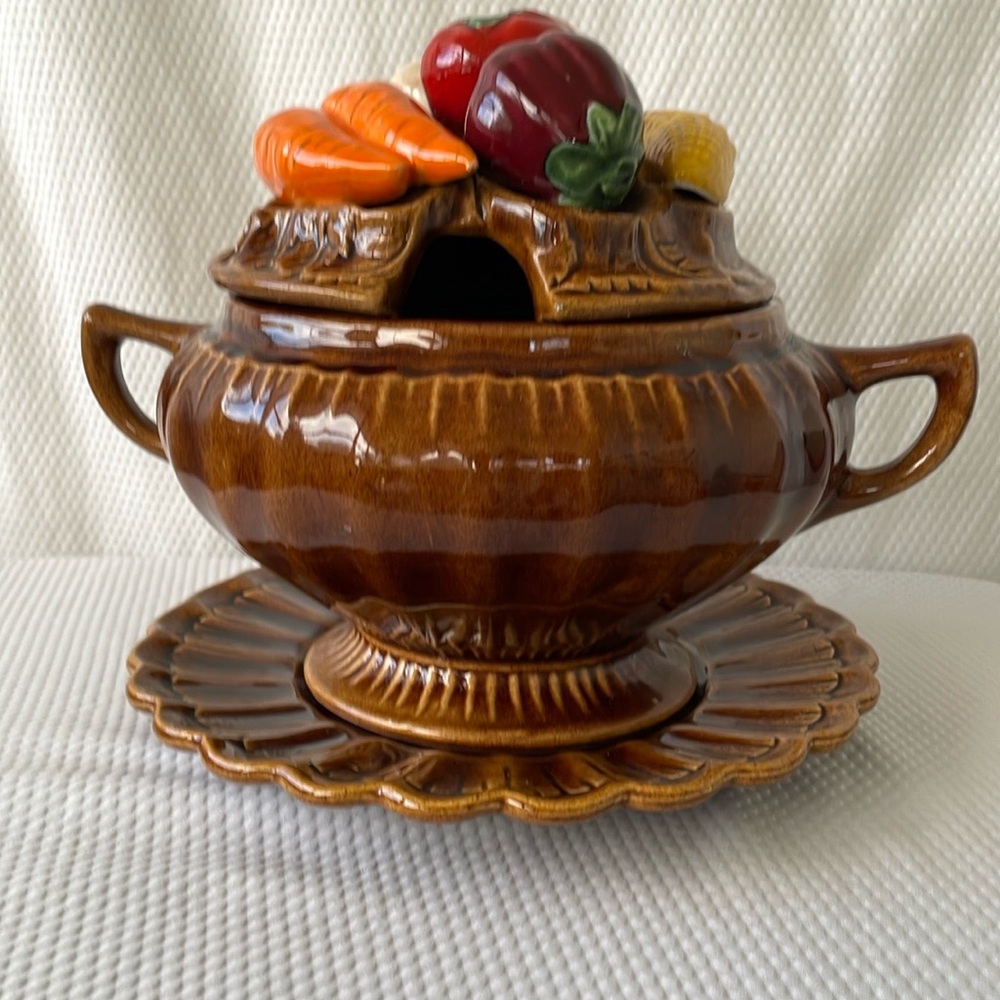 California Pottery Vegetable Themed Soup Tureen with Drip Plate.
